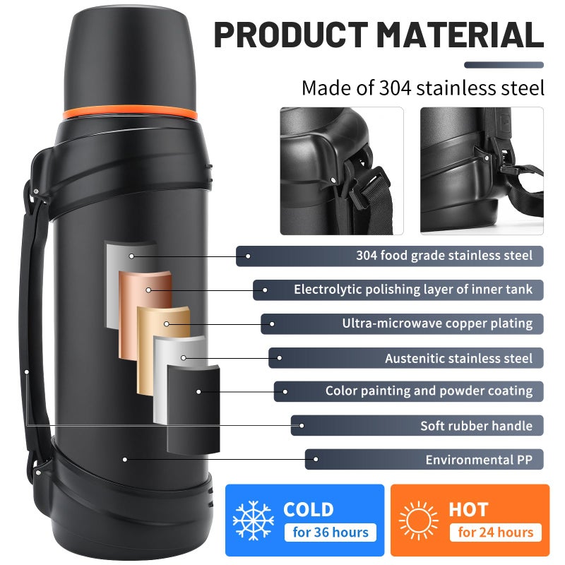 Olerd Large Thermosflask- 85oz Stainless Steel Insulated Bottle for Travel with BPA Free Cup - 2.5L Oversized Vacuum Insulated Thermoses with Handle and Strap for Hot & Cold Drinks(Black) - Image 5