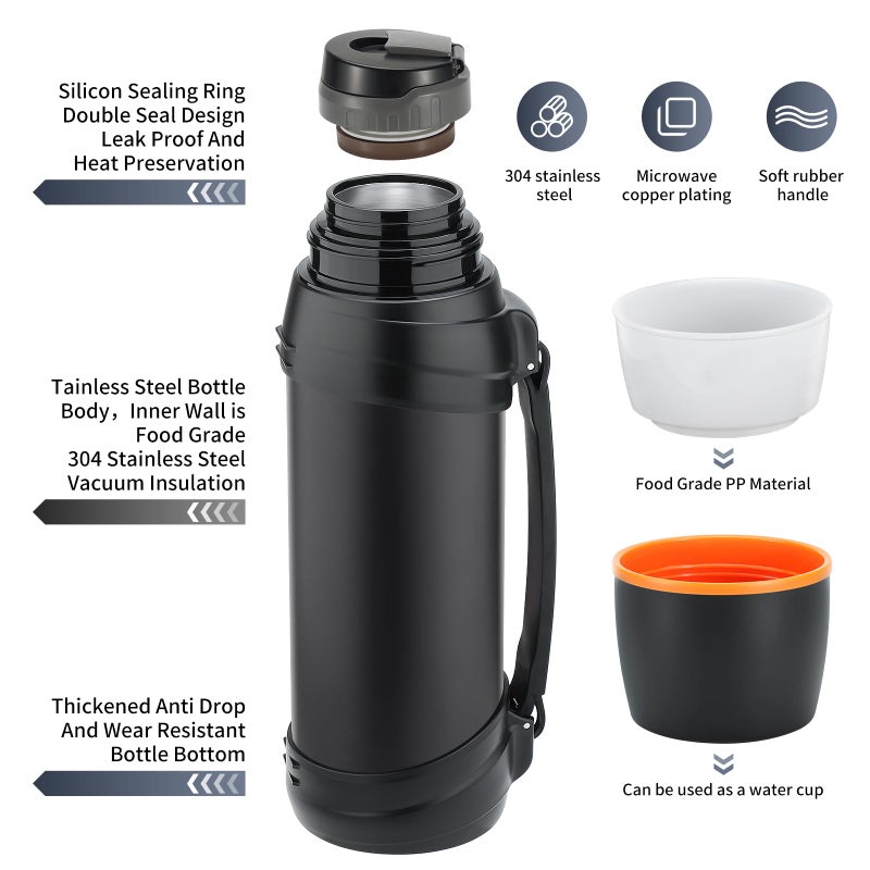 Olerd Large Thermosflask- 85oz Stainless Steel Insulated Bottle for Travel with BPA Free Cup - 2.5L Oversized Vacuum Insulated Thermoses with Handle and Strap for Hot & Cold Drinks(Black) - Image 3
