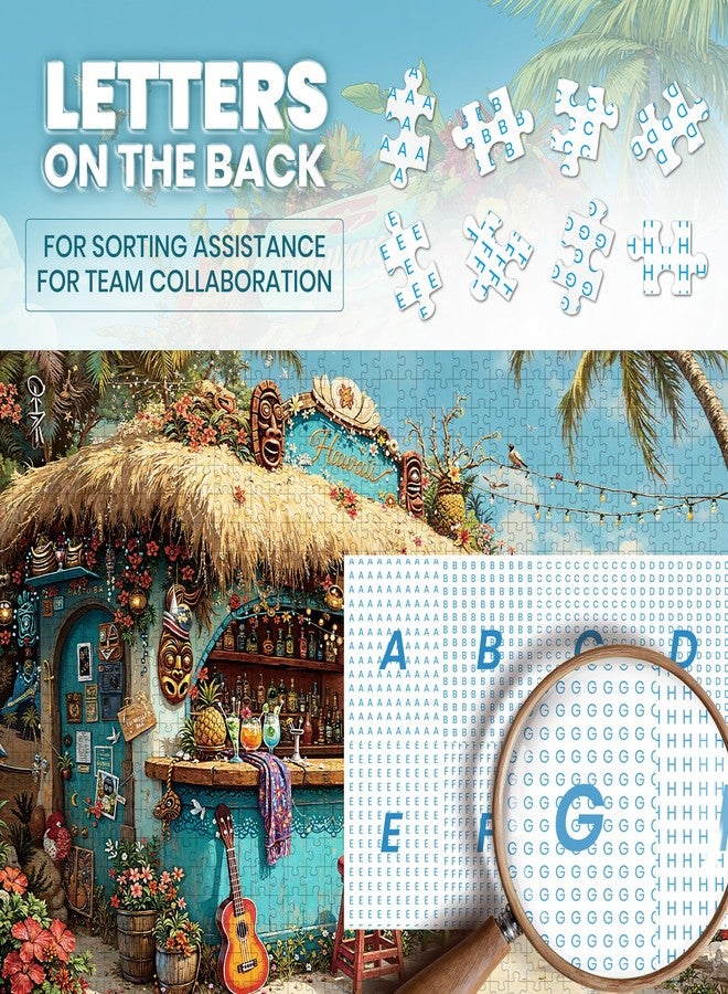 lamplig Puzzles for Adults 1000 Pieces, Hawaii Beach Tiki Bar Tropical Ocean Summer, Nature 1000 Piece Puzzle for Adults Seniors, Hard Jigsaw Puzzles with Letters on Back, 1:1 Poster - Image 4