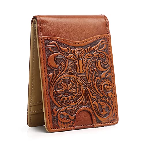 Pefiam Full Grain Leather Bifold Wallet for Men - 11 Slots, RFID Blocking, Western Cowboy Gifts for Men - Brown - Image 1