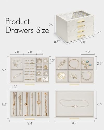VLANDO 4 Layer Jewelry Box for Women Glass Lid Jewelry Organizer with 4 Drawers for Necklaces Rings Earrings Bracelets Cloud White - Image 3