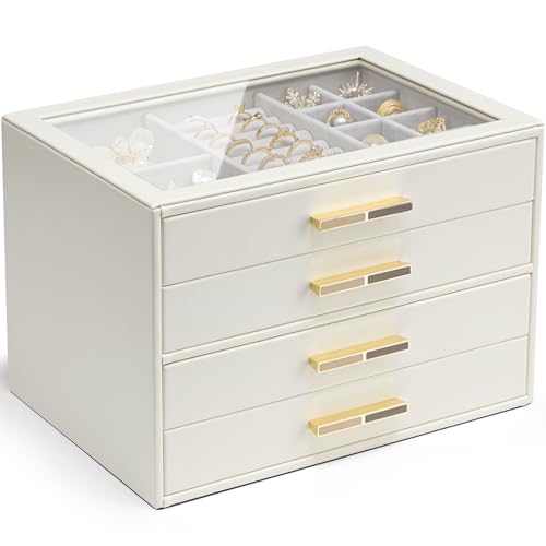 VLANDO 4 Layer Jewelry Box for Women Glass Lid Jewelry Organizer with 4 Drawers for Necklaces Rings Earrings Bracelets Cloud White - Image 1