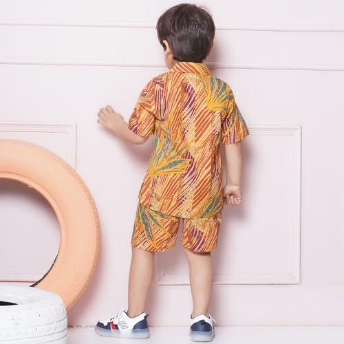 AJ DEZINES Kids Mustard Cotton Shirt Shorts Half Sleeves Tropical Print CO-ORDS Set for Boys (Twister-CO-1005-Mustard-1) - Image 2