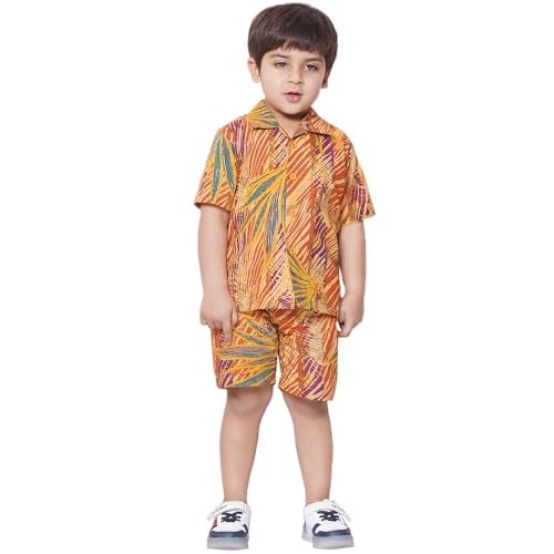 AJ DEZINES Kids Mustard Cotton Shirt Shorts Half Sleeves Tropical Print CO-ORDS Set for Boys (Twister-CO-1005-Mustard-1) - Image 1