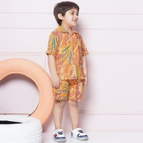 AJ DEZINES Kids Mustard Cotton Shirt Shorts Half Sleeves Tropical Print CO-ORDS Set for Boys (Twister-CO-1005-Mustard-1) - Image 5