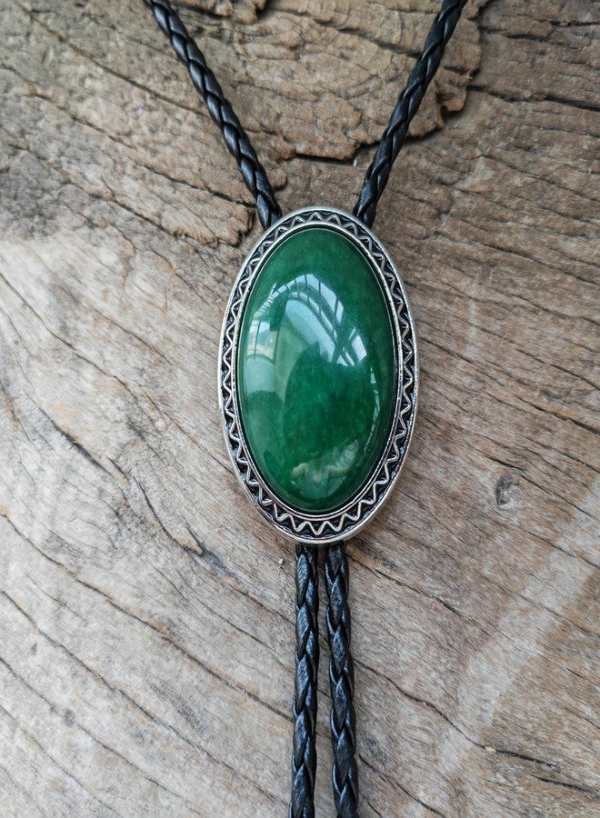 HIMONGOO Turquoise Jade Agate Granite BOLO Tie for Men Women Leather Rope Wedding Necklace Western Cowboy Necktie, Dark Green Jade, L - Image 2
