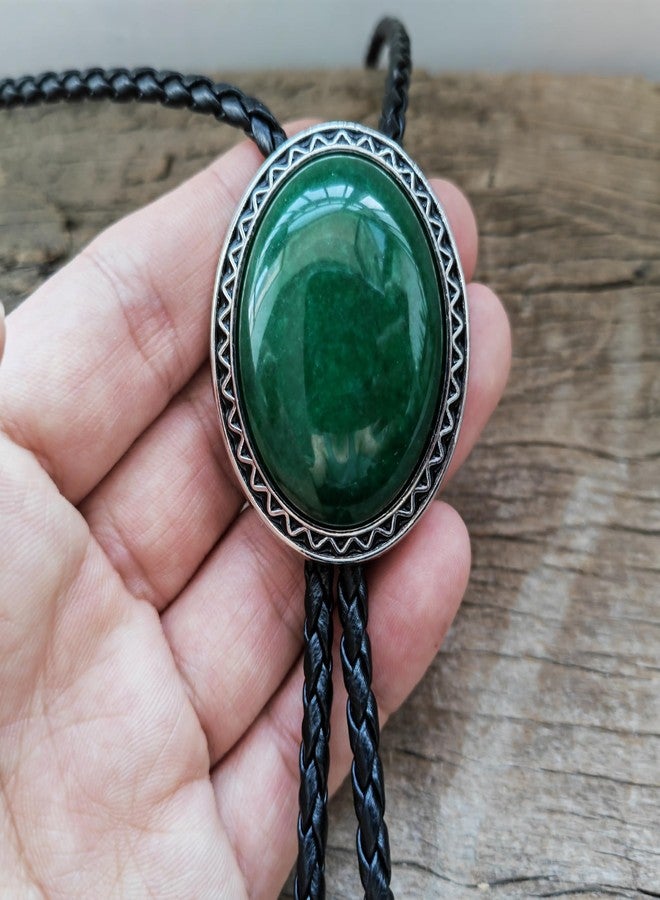 HIMONGOO Turquoise Jade Agate Granite BOLO Tie for Men Women Leather Rope Wedding Necklace Western Cowboy Necktie, Dark Green Jade, L - Image 3