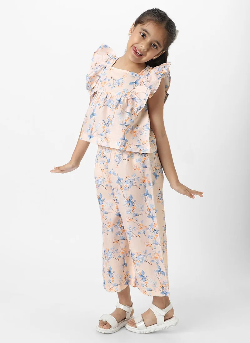 Nautinati Nautinati Girls' Peach Linen Combo Set of Floral Printed Frill Sleeve Top and Matching Full Length Bottom