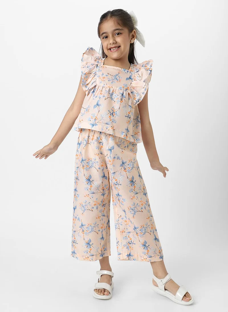 Nautinati Nautinati Girls' Peach Linen Combo Set of Floral Printed Frill Sleeve Top and Matching Full Length Bottom