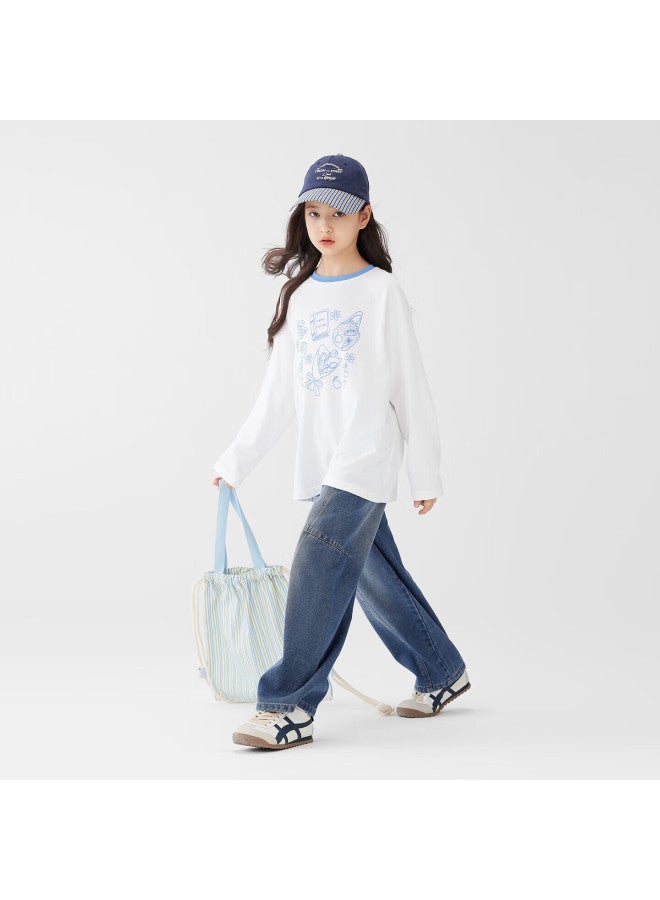 Zuoxi Girls' Jeans, Color-fast Children's Curved Pants, New Style, Big Kids Autumn Trousers, Dark Denim Color, Size 140 - Image 2