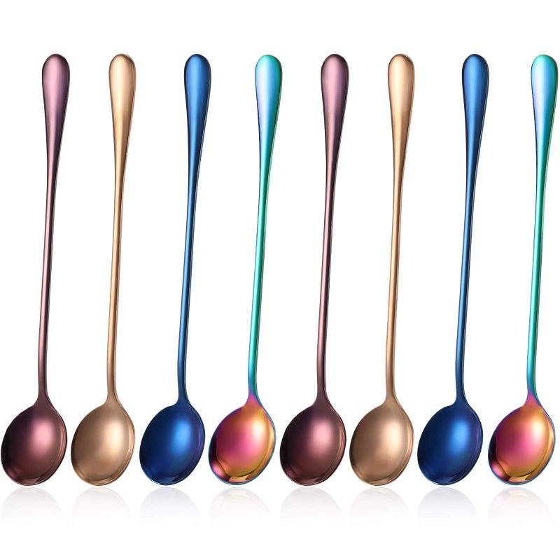 Patelai 8 Pieces Long Handle Tea Spoon Stainless Steel Coffee Mixing Spoons Teaspoon for Mixing, Cocktail Stirring, Coffee, Milkshake, Cold Drink, 7.48 Inch (Round Style) - Image 1
