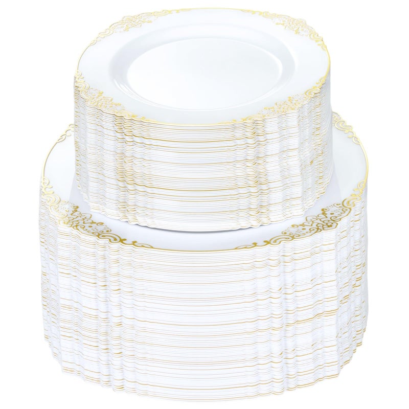 Bestluck 200 PCS White and Gold Plastic Plates for 100 Guests, Gold Disposable Plates Include 100 PCS Dinner Plates, 100 PCS Dessert Plates for Party, Wedding and Graduation - Image 1