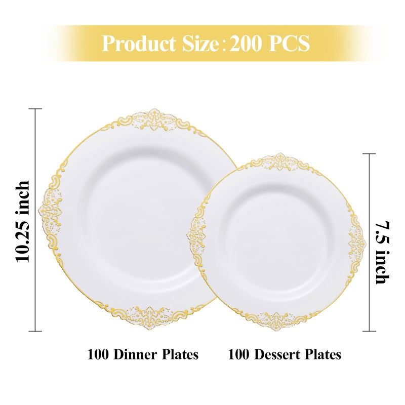 Bestluck 200 PCS White and Gold Plastic Plates for 100 Guests, Gold Disposable Plates Include 100 PCS Dinner Plates, 100 PCS Dessert Plates for Party, Wedding and Graduation - Image 2