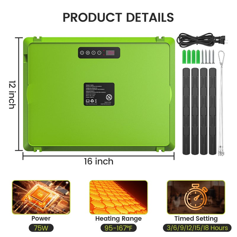 Chtoocy Smart Chick Brooder Heating Plate,12"x16" Adjustable Chicken Coop Heater for 20 Baby Chicks,75 Watts Chick Heater Adaptable to Timer and Temp Controllers for Keeping Poultry Warm,UL-Compliant - Image 5