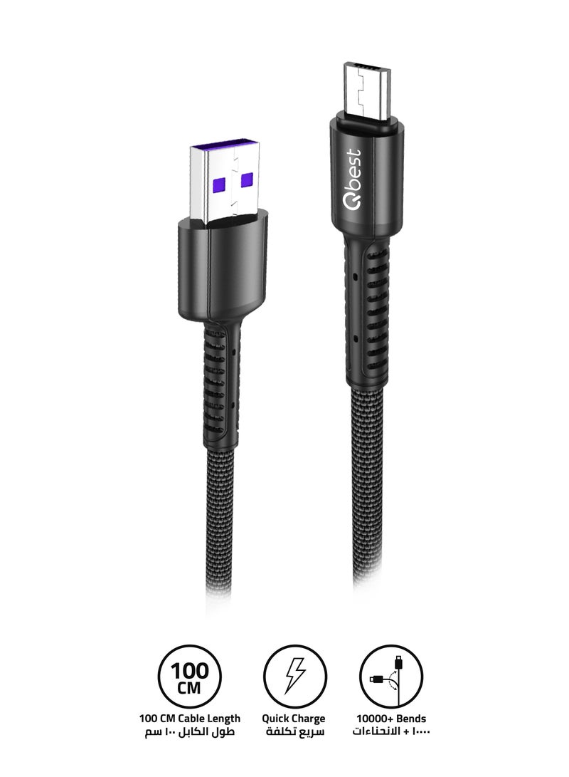 Qbest 3A Nylon USB to Micro Data Cable 1M – High-Speed Data Transfer, Quick Charge, Durable Design - Black - Image 1