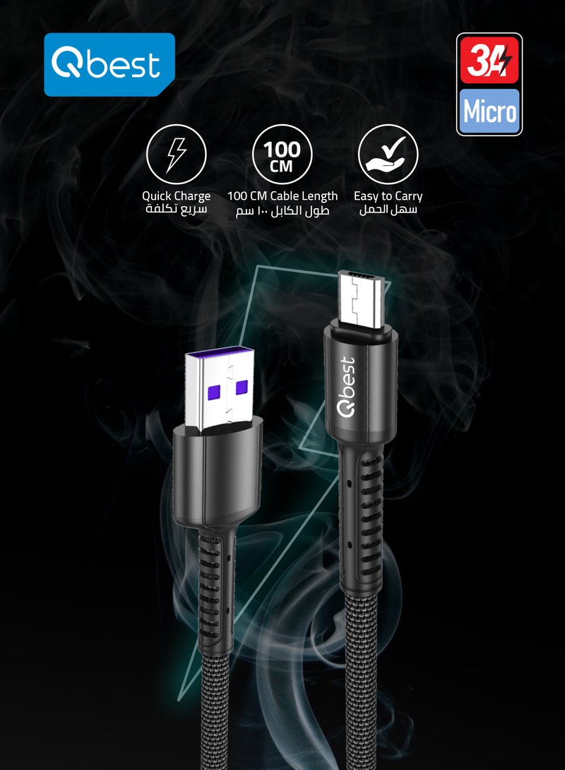 Qbest 3A Nylon USB to Micro Data Cable 1M – High-Speed Data Transfer, Quick Charge, Durable Design - Black - Image 5