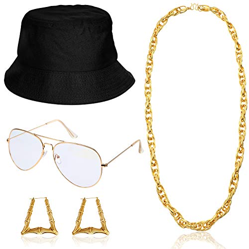 meekoo Hip Hop Costume Kit 80s 90s Outfit for Women Men Black Bucket Hat Sunglasses Gold Chain Earring Rapper Accessories for Halloween Themed Party Cosply - Image 1