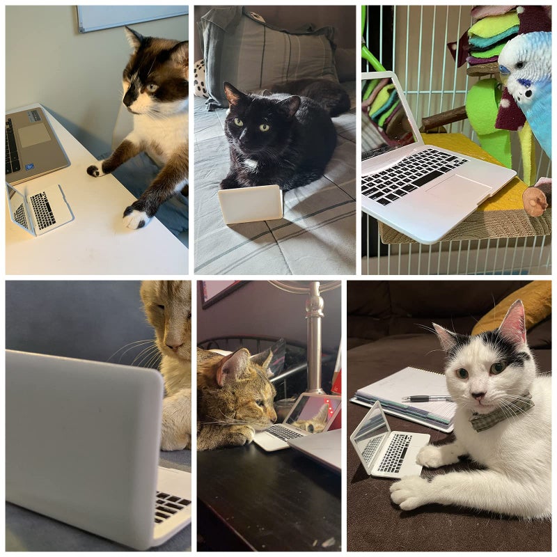 ebuddy Mini Dollhouse Toy Cat Laptop Tiny Fake Computer Mirror for Cat (White) - Image 3