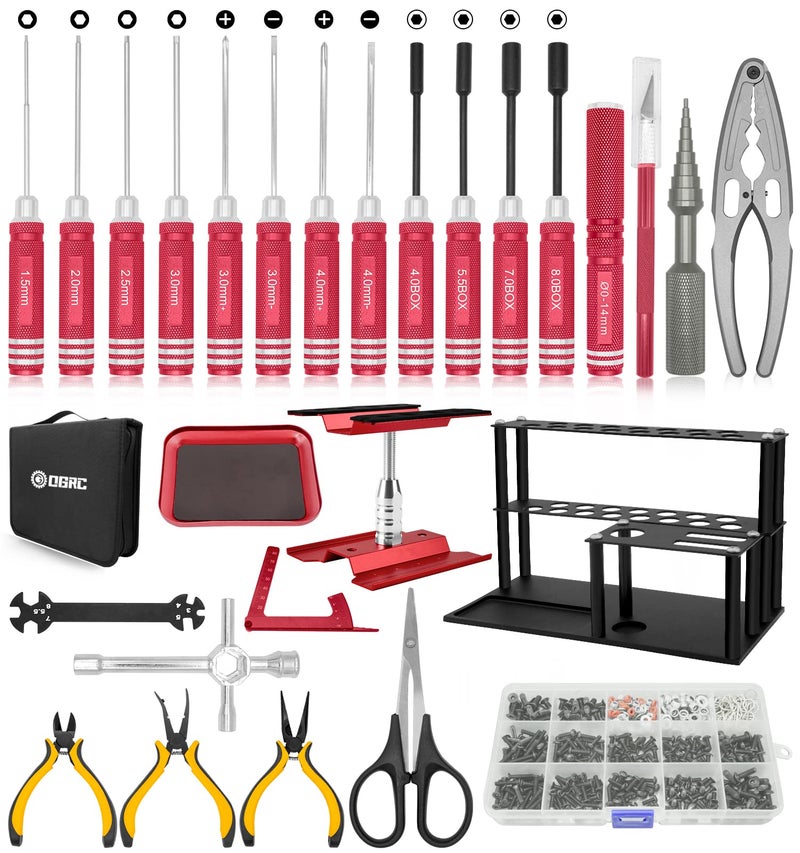 OGUNKE RC Tool Kit Screwdriver Set Flat Phillips Hex Metal Holder RC Work Stand 522PCS Screw Kit Pliers Set Body Reamer Wrench Tray Repair Tool for RC Car Boat Quadcopter Helicopter 27pcs Red - Image 2