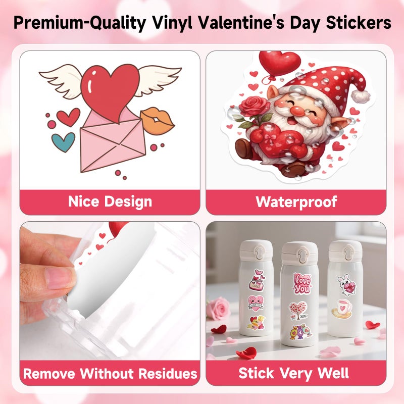 Anwyll 300Pcs Valentines Day Stickers - Happy Valentine's Day Stickers for Kids Adults Self Adhesive Heart Love Sticker Vinyl Valentine Sticker Bulk for Gift Crafts Water Bottle Valentine Party Decor - Image 3