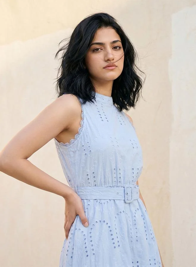 Splash FAV Youth Schiffli Embroidered A-Line Cotton Dress with Lace Inserts