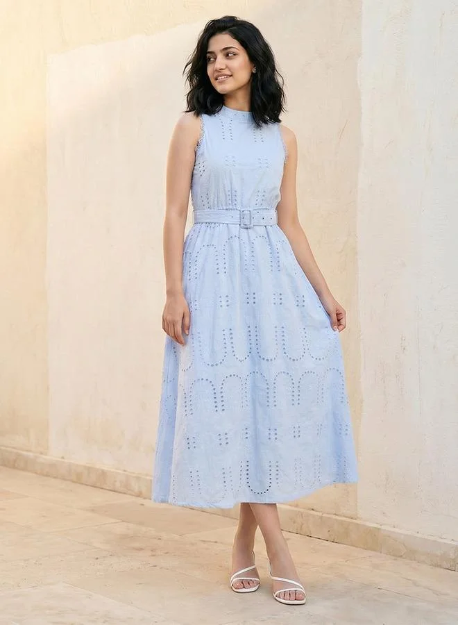 Splash FAV Youth Schiffli Embroidered A-Line Cotton Dress with Lace Inserts