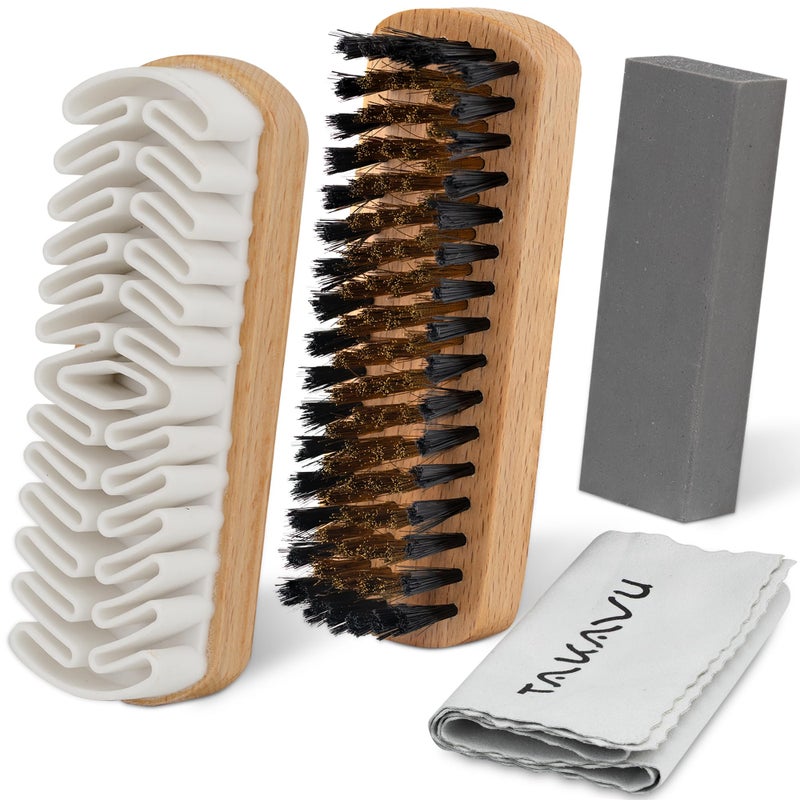 TAKAVU Premium Suede & Nubuck Cleaning Brush Kit, Crepe & Brass Bristle Brush, Microfiber Towel Cloth, Cleaning Block Eraser for Shoes, Boots - Image 1