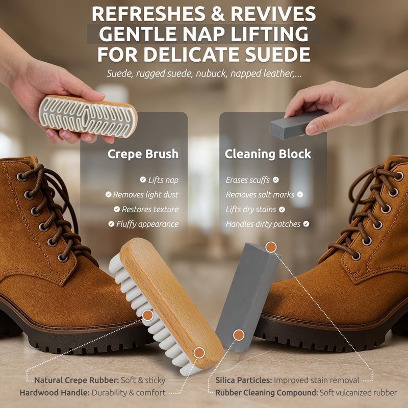 TAKAVU Premium Suede & Nubuck Cleaning Brush Kit, Crepe & Brass Bristle Brush, Microfiber Towel Cloth, Cleaning Block Eraser for Shoes, Boots - Image 4