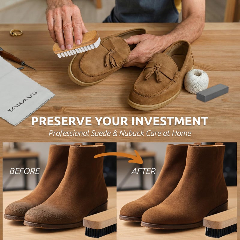 TAKAVU Premium Suede & Nubuck Cleaning Brush Kit, Crepe & Brass Bristle Brush, Microfiber Towel Cloth, Cleaning Block Eraser for Shoes, Boots - Image 2