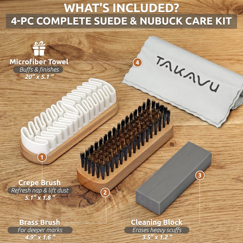 TAKAVU Premium Suede & Nubuck Cleaning Brush Kit, Crepe & Brass Bristle Brush, Microfiber Towel Cloth, Cleaning Block Eraser for Shoes, Boots - Image 3