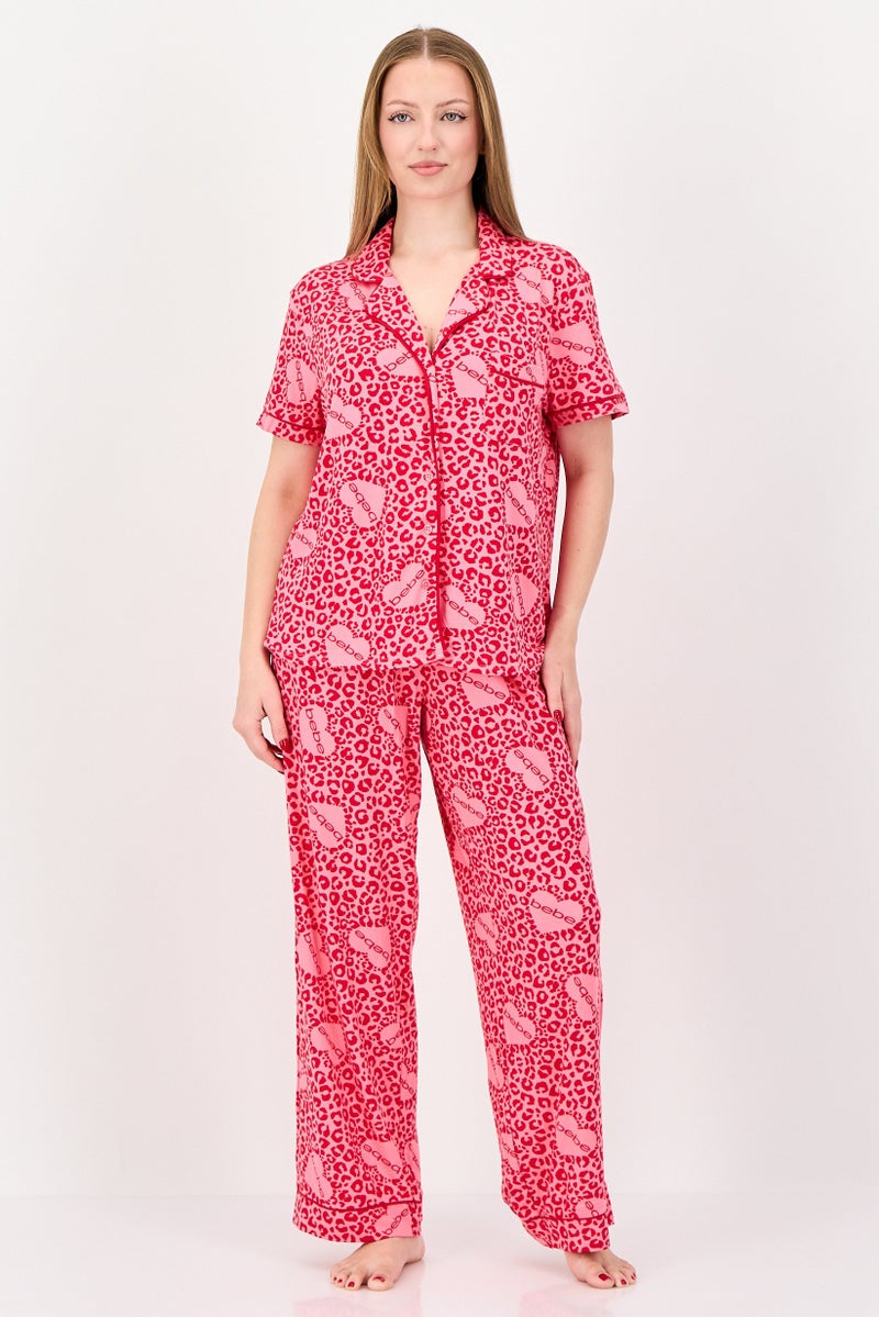 bebe Women 2 Pieces Animal Print Top And Bottom Pajama Set, Red - Image 1