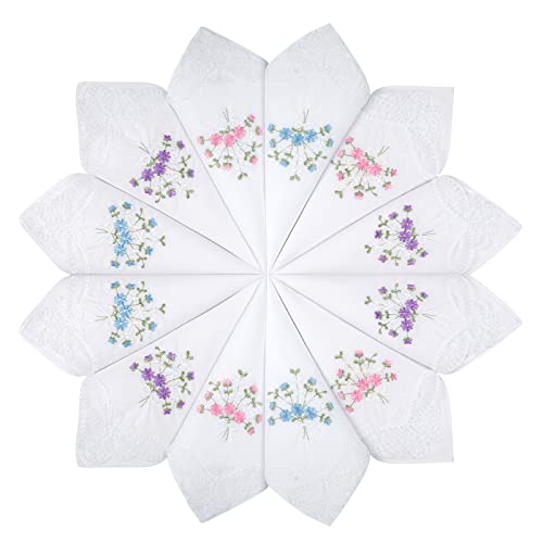 Selected Hanky Women's Cotton Handkerchiefs Flower Embroidered with Lace, Ladies Hankies 12 Pcs - Assorted - Image 1