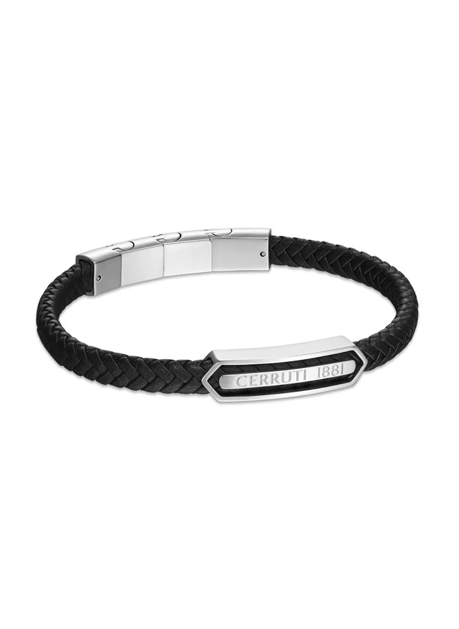 CERRUTI 1881 Sandro Black Leather, Stainless Steel Logo Motif Bracelet for Men