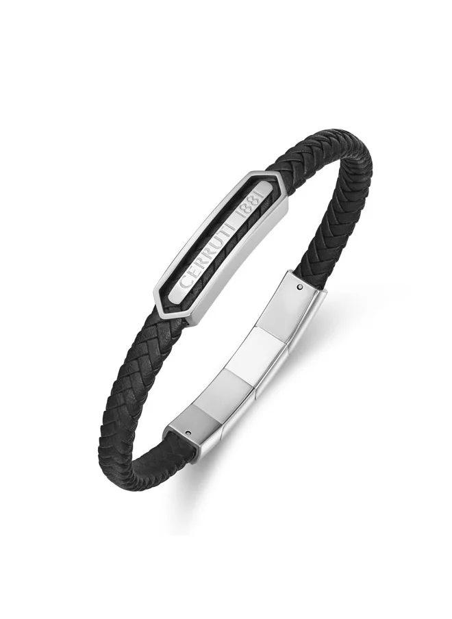 CERRUTI 1881 Sandro Black Leather, Stainless Steel Logo Motif Bracelet for Men