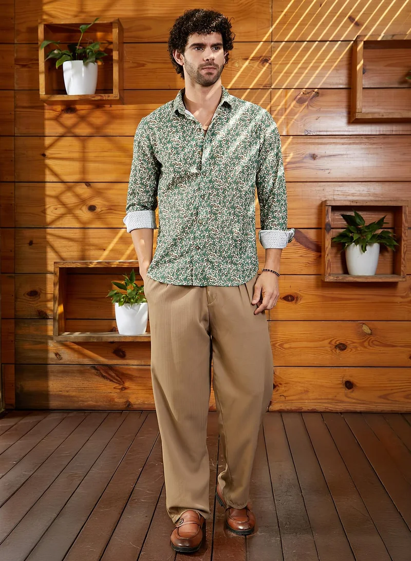 Campus Sutra Men's Forest Green Ditsy Bloom Shirt