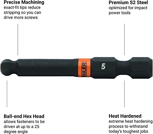 Railer Ball-End Hex 5mm Impact Driver Bit - Railer Allen Wrench Drill Hex Bits. 1/4 Quick Release S2 Steel 2 inch 5mm Ball-End Hex Bits. (5 Pack) - Image 3