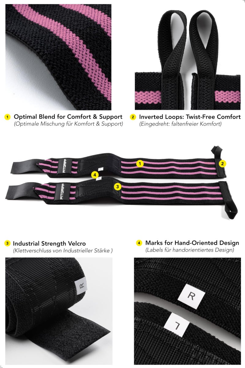 FitgriffÂ® Wrist Wraps for Weightlifting (18") Heavy-Duty Support for Gym, Bench Press, and Pushups (1 Pair) - for Men and Women (Black/Pink) - Image 3
