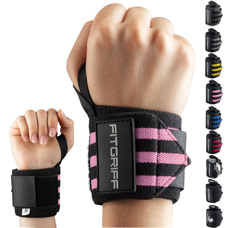 FitgriffÂ® Wrist Wraps for Weightlifting (18") Heavy-Duty Support for Gym, Bench Press, and Pushups (1 Pair) - for Men and Women (Black/Pink) - Image 1