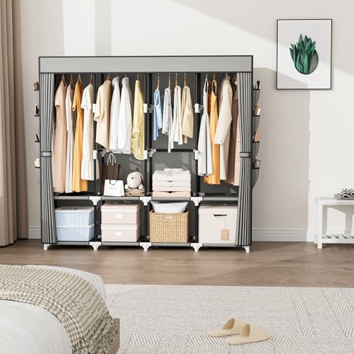 BrFoYu Portable Closet for Hanging Clothes, 67 Inch Wide Portable Wardrobe Closet with Cover, 4 Hanging Rod, Storage Shelves and Side Pockets, Large Free Standing Closet for Bedroom, Grey - Image 2