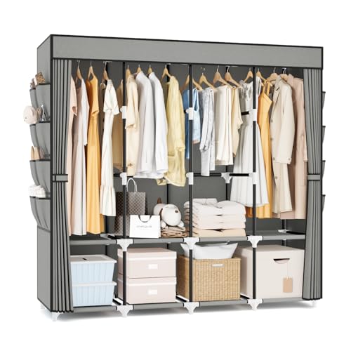 BrFoYu Portable Closet for Hanging Clothes, 67 Inch Wide Portable Wardrobe Closet with Cover, 4 Hanging Rod, Storage Shelves and Side Pockets, Large Free Standing Closet for Bedroom, Grey - Image 1