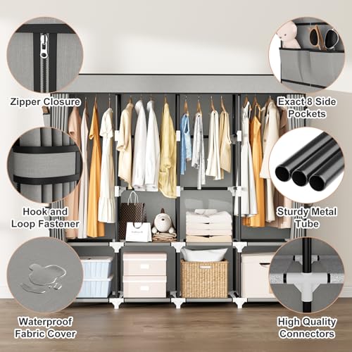 BrFoYu Portable Closet for Hanging Clothes, 67 Inch Wide Portable Wardrobe Closet with Cover, 4 Hanging Rod, Storage Shelves and Side Pockets, Large Free Standing Closet for Bedroom, Grey - Image 4