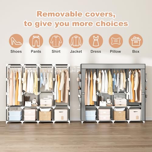 BrFoYu Portable Closet for Hanging Clothes, 67 Inch Wide Portable Wardrobe Closet with Cover, 4 Hanging Rod, Storage Shelves and Side Pockets, Large Free Standing Closet for Bedroom, Grey - Image 5