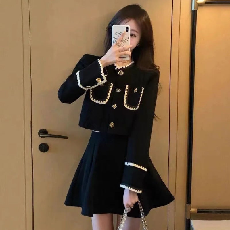 Hepburn Style Spring New Two-Piece Set with Short Top + Skirt, High-Waisted Slimming Suit for Short People Black skirt (single piece)