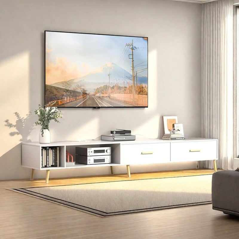 Bentifar Extendable TV Unit for 55–100 Inch TVs, Modern TV Cabinet with Drawers, TV Console Table & Open Shelves – White Entertainment Center for Living Room, Bedroom - Image 2