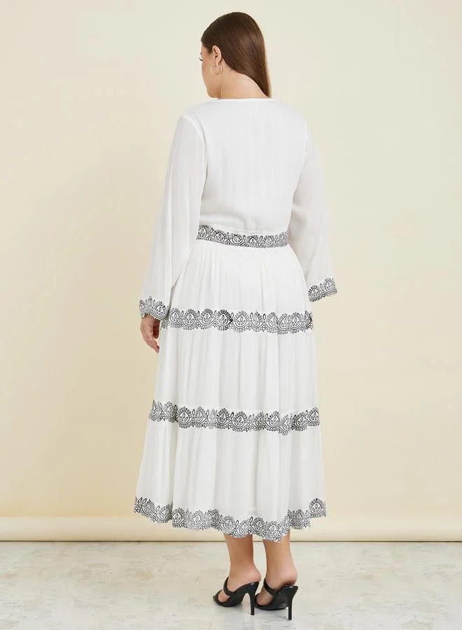 Styli Plus Tie-Up Neck Printed Tiered Midi Dress