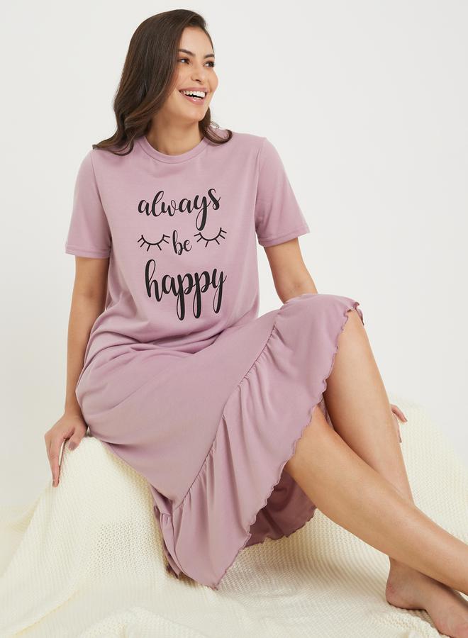 Styli Always Be Happy Graphic Ruffle Hem Sleep T-Shirt Dress  - Image 1