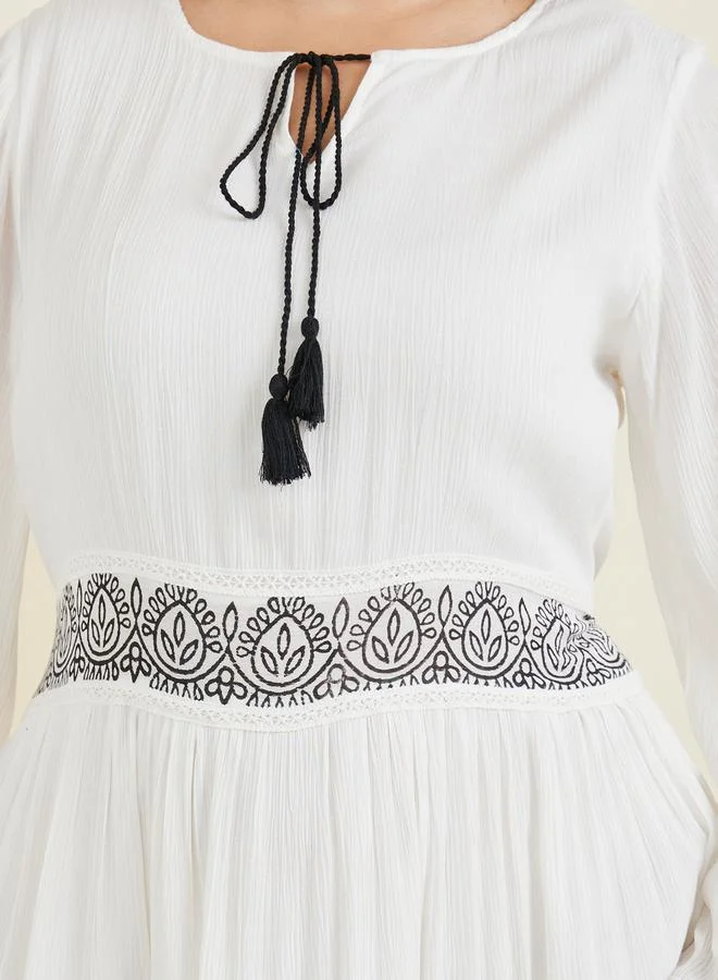Styli Plus Tie-Up Neck Printed Tiered Midi Dress