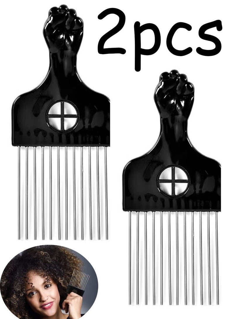 2 Pack Black Metal Afro Pick Combs for Curly Hair - Detangle & Style Comb for Women and Men, Durable Plastic & Metal, Fist Design for Hair Styling, Perfect for Wigs - Image 1