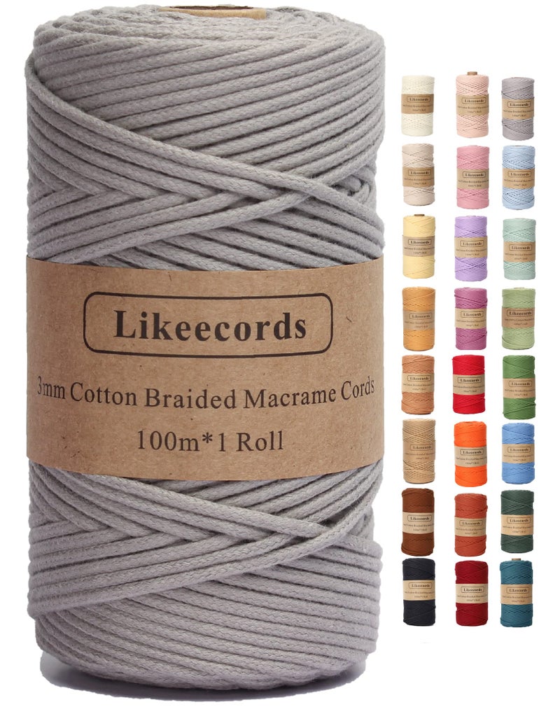 Braided Cotton Cord 3mm109 Yards Natural Macrame Cotton Cord Bohemia Macrame Rope for Handmade Plant Hangers Wall Gray