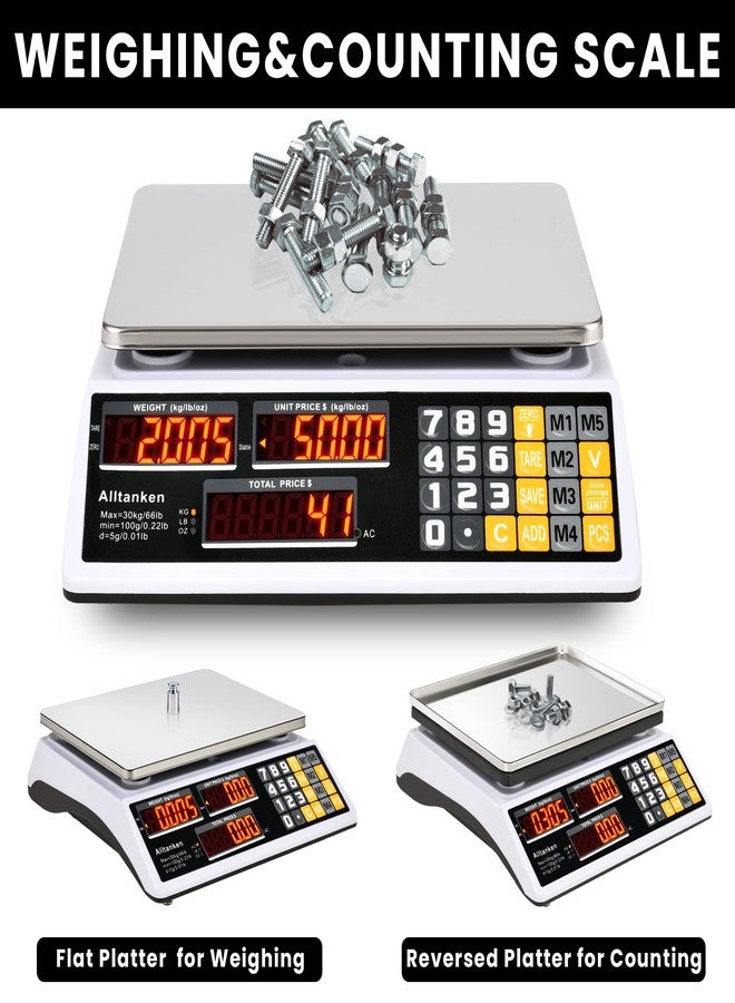 Alltanken Price Computing Scale 66lb/30kg Commercial Food Scale, lb/kg/oz Conversion with Price Calculator, Counting, Dual LED Display, Flat Reversed Platter, Produce Scale for Farmer Market Retail Meat Shops - Image 4